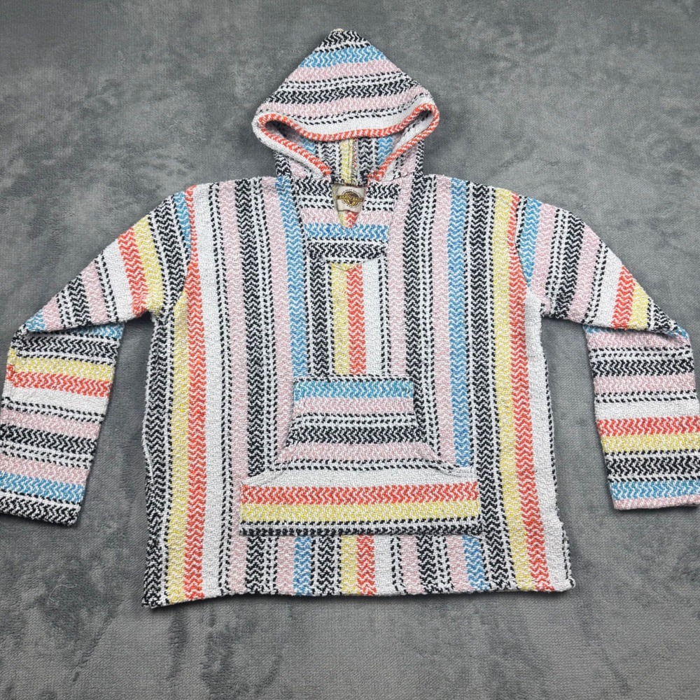 Earth Ragz Mexican Baja Pullover Hoodie Small Pastel Rainbow Striped Jerga